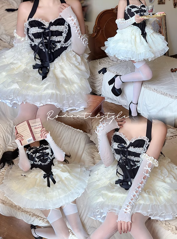 Lovely Girl Maid Balletcore Coquette Lace Hearts Black Pink Strap Tulle Dress