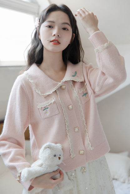 Spring Autumn Girl Women Flower Floral Lace Orose Pink Cardigan