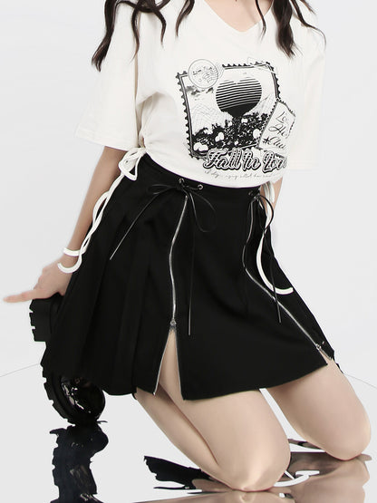 Punk Rock Goth Girl Midnight Waltz Zipper Zipped Up High Waist Black Mini Short Skirt