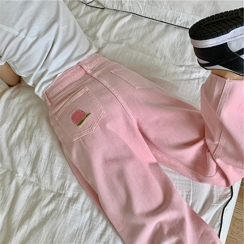 Summer Cute Chic Girl Student High Waist Soft Pastel Peach Print Embroidery Pink Long Trouser Pant
