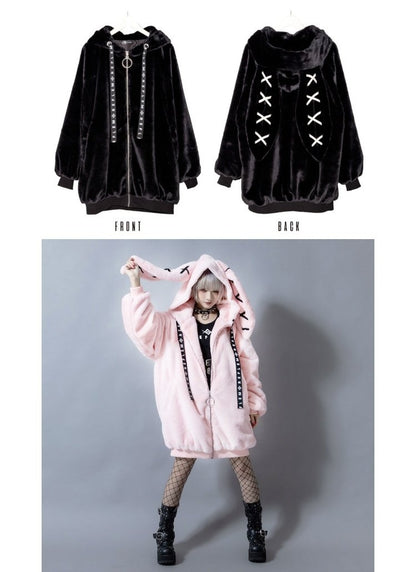 Cute Gothic Soft Fluffy Plush Cross Pattern Rabbit Bunny Ears Pink Black Long Jacket Coat