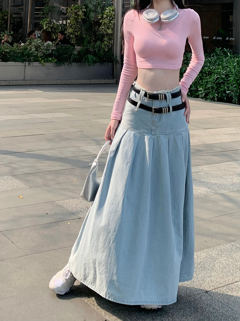 Summer Fashion Cute Trendy Retro High Waist A-line Denim Jeans Long Pleated Skirt