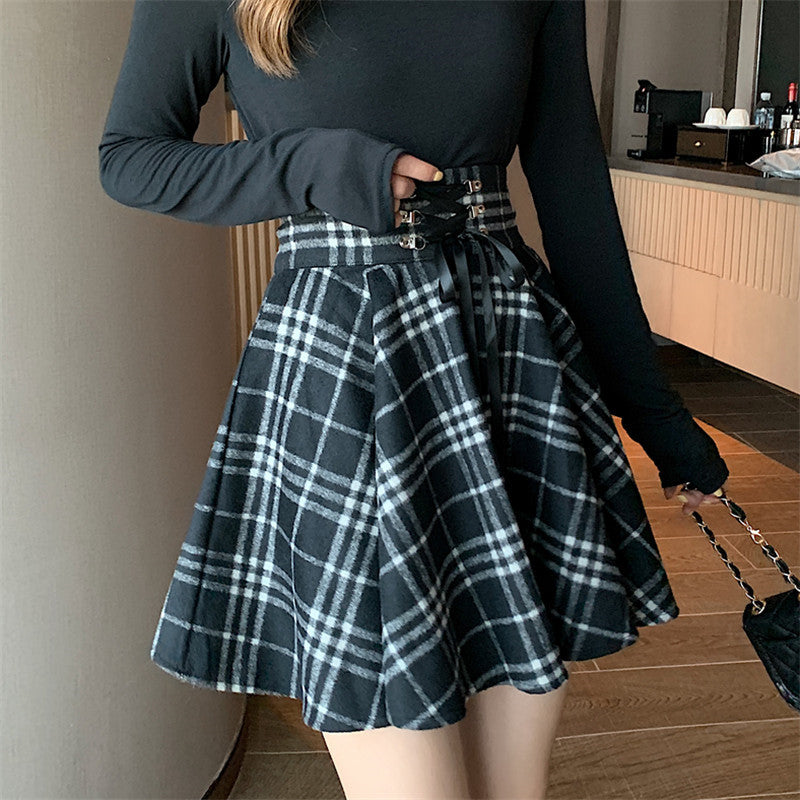 Plus Size Women Japanese Cute Girl Fashion Gray & Red High Waist Strap Black Tartan Pattern Umbrella Skirt