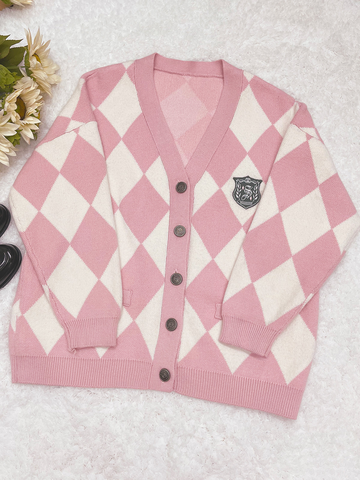 Phamtom School Argyle Black White Gray Red Pink Japanese Student Autumn Winter Cute Cozy Comfy Knitted Cardigan