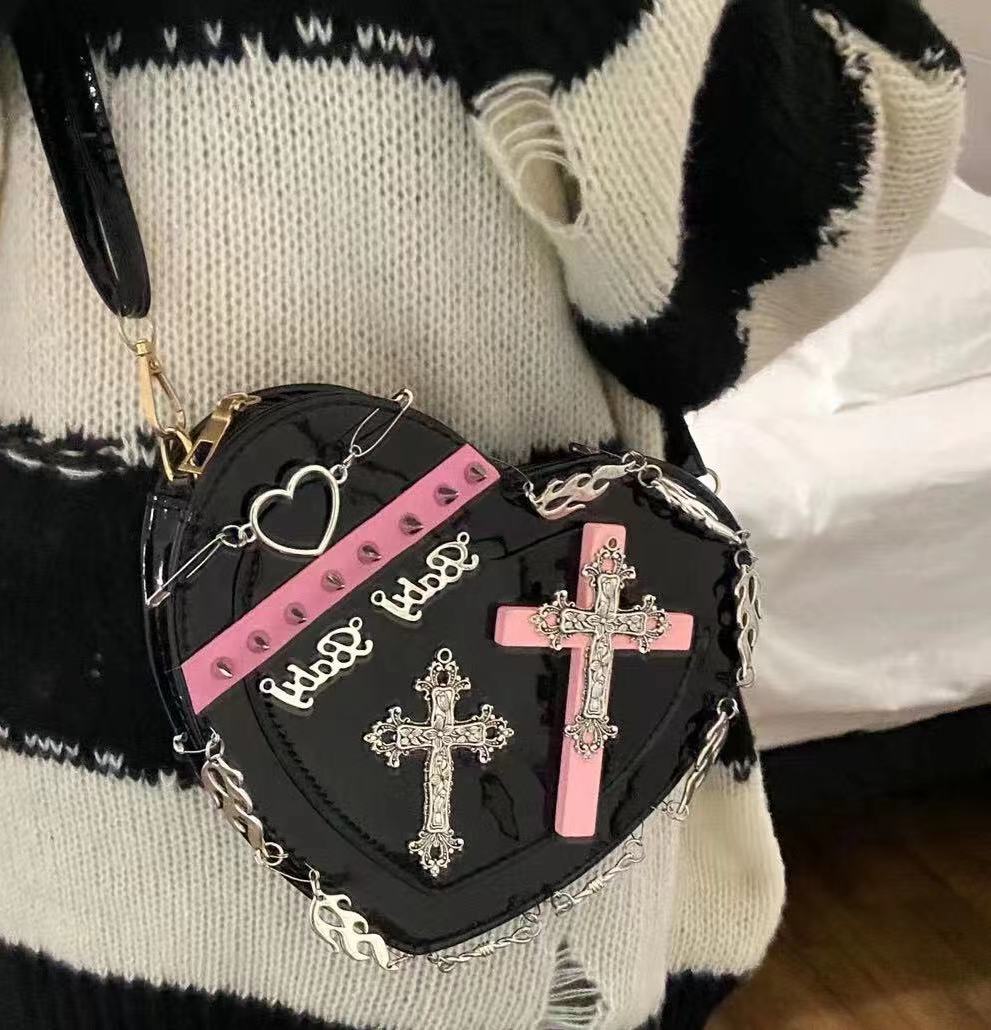 Y2K Gothic Punk Goth Girl Sexy Black Hot Pink Heart Shaped Cross Chains Decorated Messenger Bag