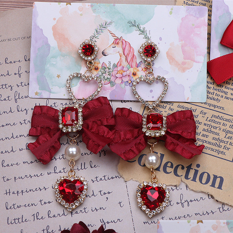 Ruby Gem Pearl Jewelry Diamond Classic Burgundy Scarlet Red Bow Fairy Tales Princess Earrings
