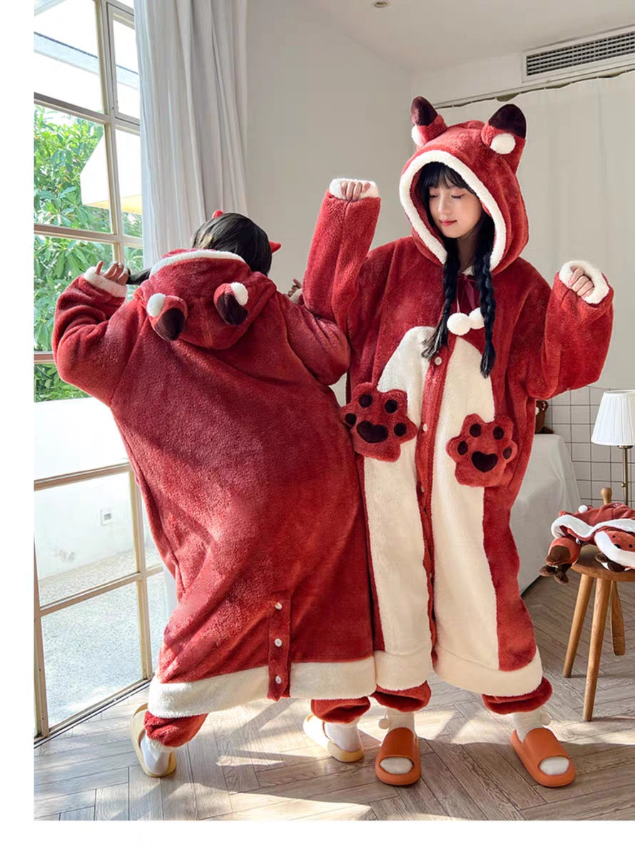 Winter Thick Warm Soft Cute Little Red Fox Ears Hoodies Nightgown Long Coat Pants Pajamas Two Piece Set