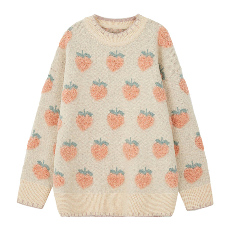 Spring Autumn Sweet Pink Orange Peach Embroidery White Knit Round Neck Loose Pullover Sweater