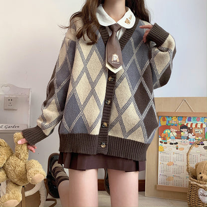 Sweet College Student Girl Rhombus Diamond Pattern Brown Cozy Autumn Winter Knitted V-necked Cardigan Sweater