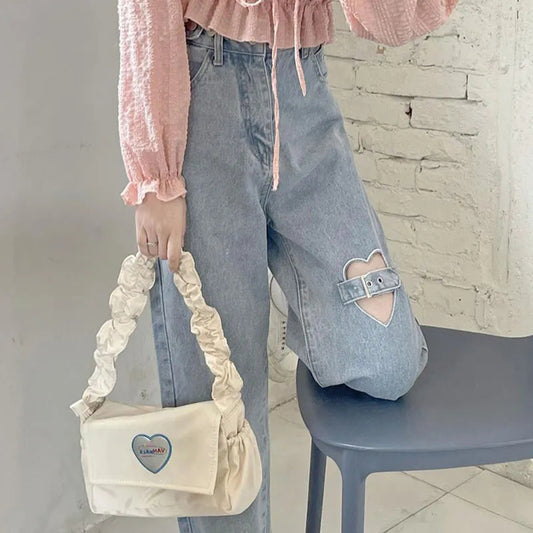 Cute Summer High Waist Heart Love Thigh Strap Loose Wide Leg Trouser Pant Soft Cotton Denim Jeans