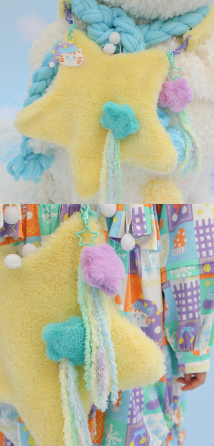 Y2K Pink Blue Yellow Star Fluff Plush 3D Bag