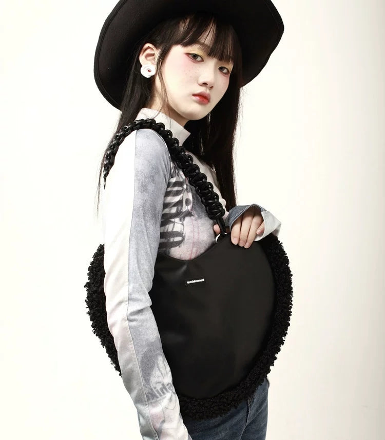 Korean Checkerboard Print Black Pink Heart Love Shaped Girl Women Black Messenger Shoulder Bag