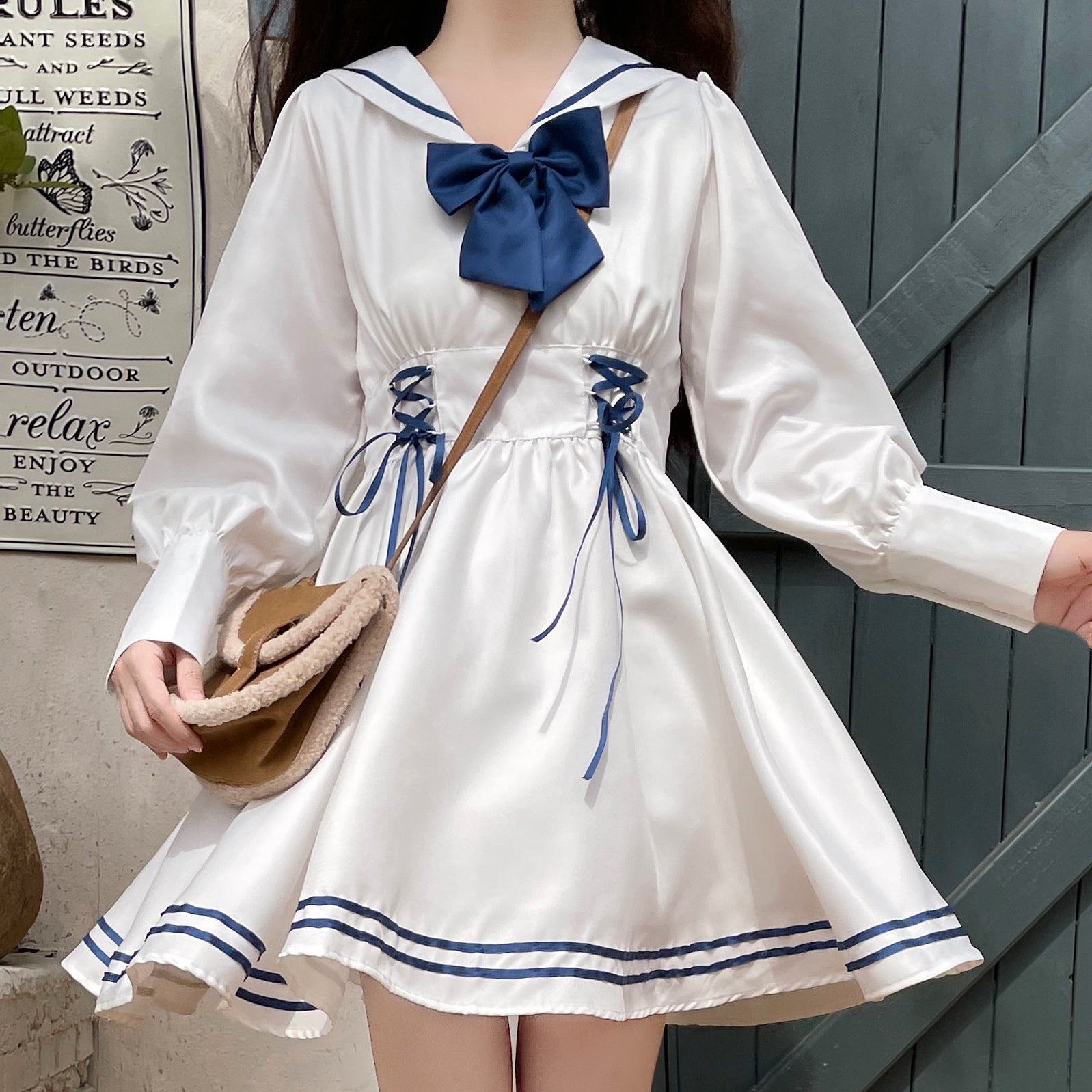 Sweet Girl Sailor Collar Navy Blue u0026 White Bow Dress