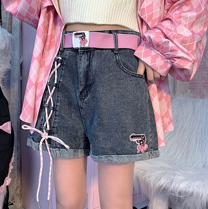 Korean Cute Summer Spring High Waist Embroidery Cross Pink Strap Bow Loose Wide Pant Denim Jeans Shorts