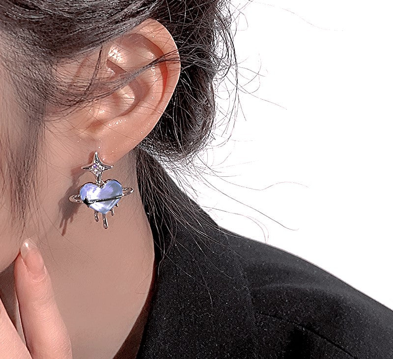 Melting Ice Blue Heart Astral Sparkling Blue Silver Earrings