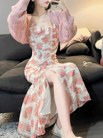 European French Fashion Sexy Sweet Cute Girl Women Elegant Classic Flower Floral Pink Sweater Knit Cardigan Long Layered Strap Dress Set