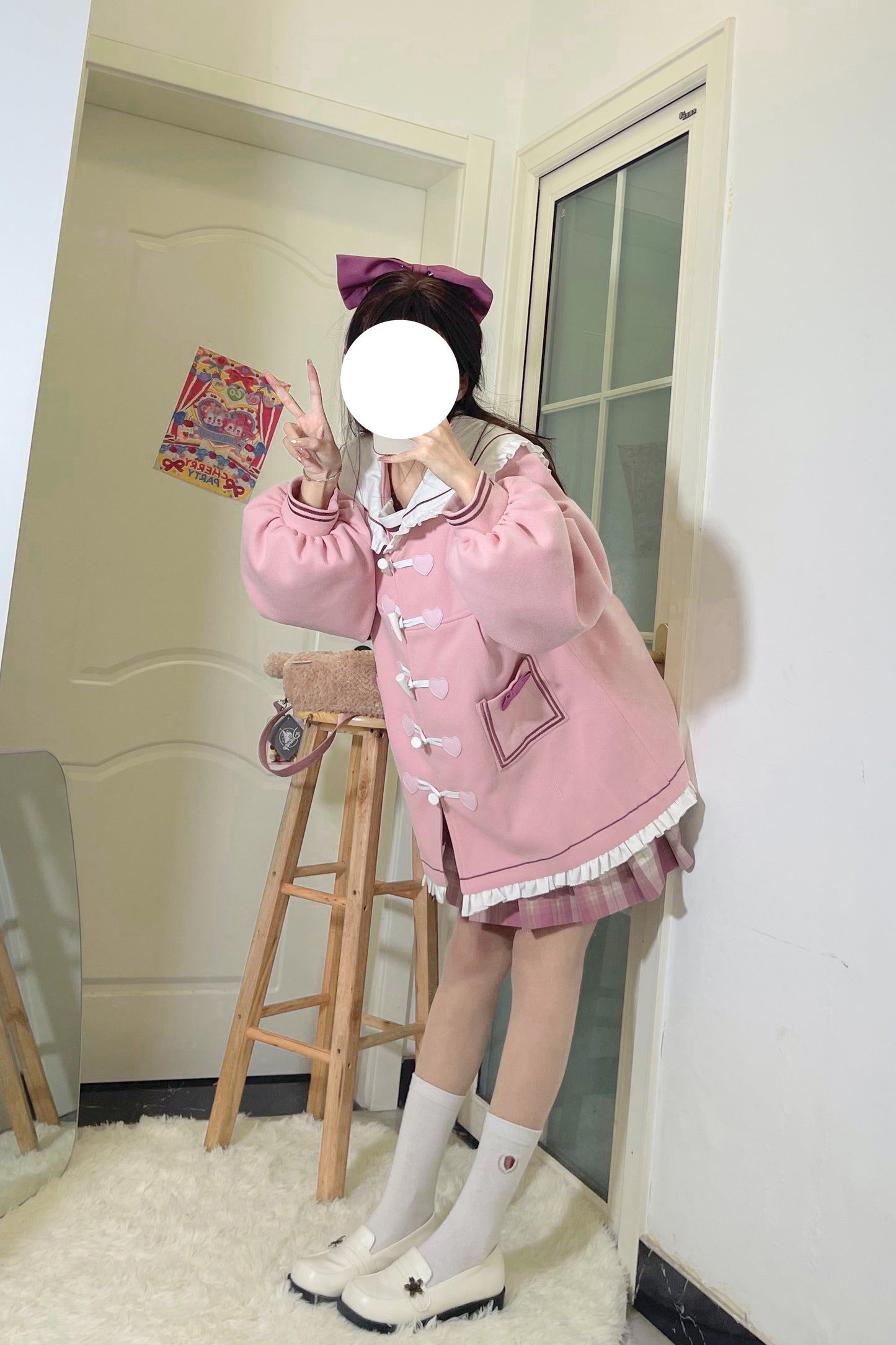 Japanese Cute Girl Women Bow Embroidery Heart Love Shape Sailor Collar Pink Black Coat Jacket