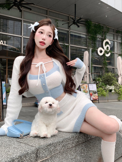 Knit Embroidery Fashion Chic Girl Korean Pastel Baby White Blue Camisole Top Long Sleeve Cardigan Skirt Three Piece Set
