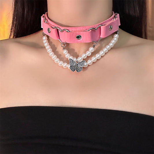 Butterfly Pearl Pink PU Leather Choker Necklace