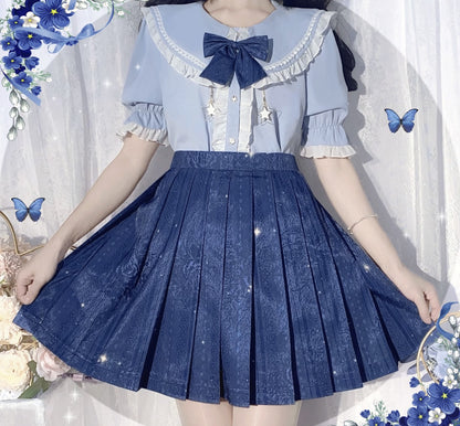 Stardust Midnight Navy Blue Stars Pattern Japanese School Student Uniform Seifuku Cosplay Mini Short Skirt with Pockets