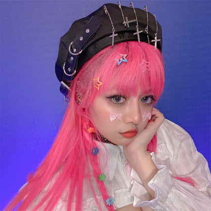 Japanese Harajuku Gothic Doll Girl Women Fashion Chic Spring Summer Autumn Winter Black Leather Strap Pin Cross Beret Hat