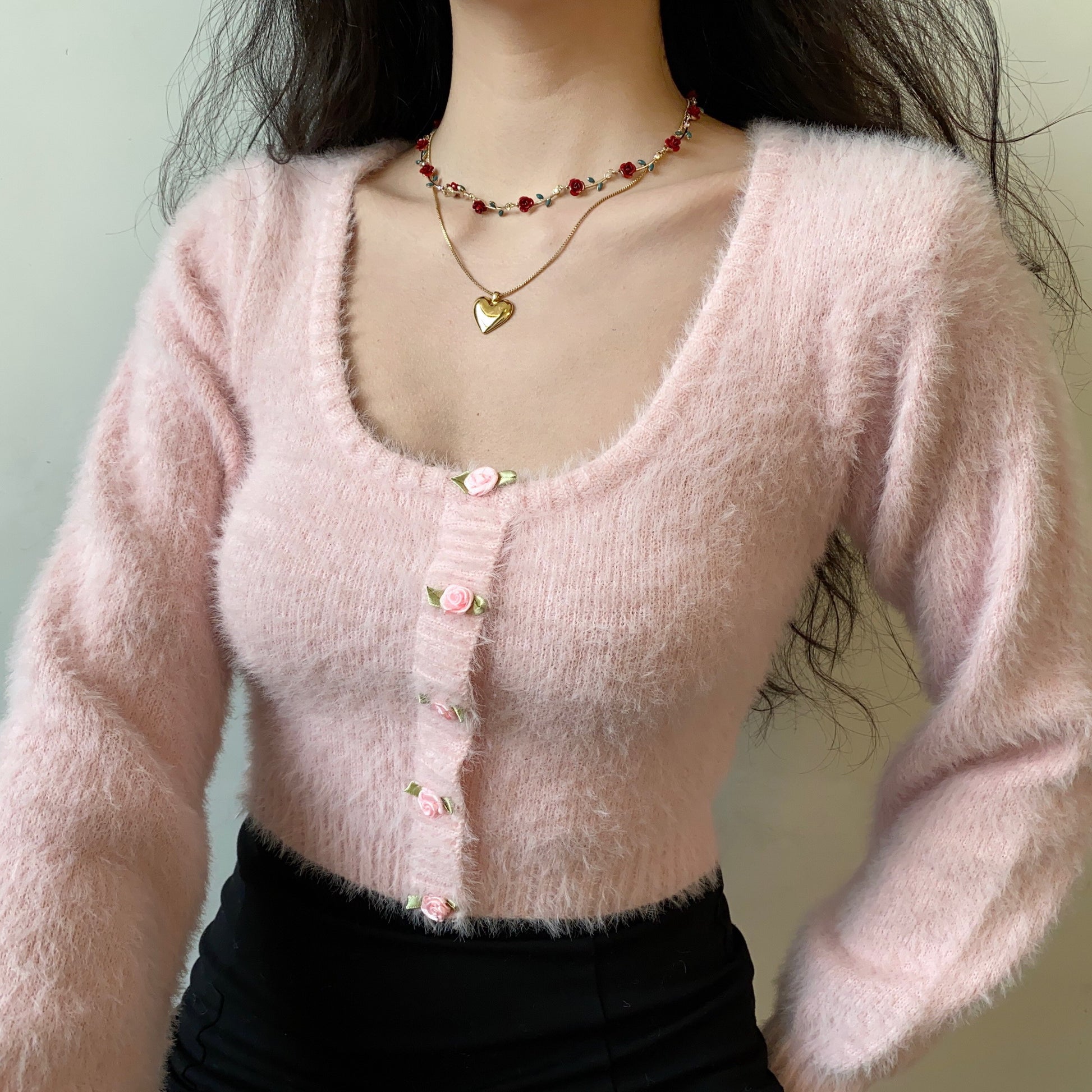 European French Spring Autumn Winter Girl Sexy Women Rose Flower Button High Waist U Neck Plush Pink Sweater Cardigan