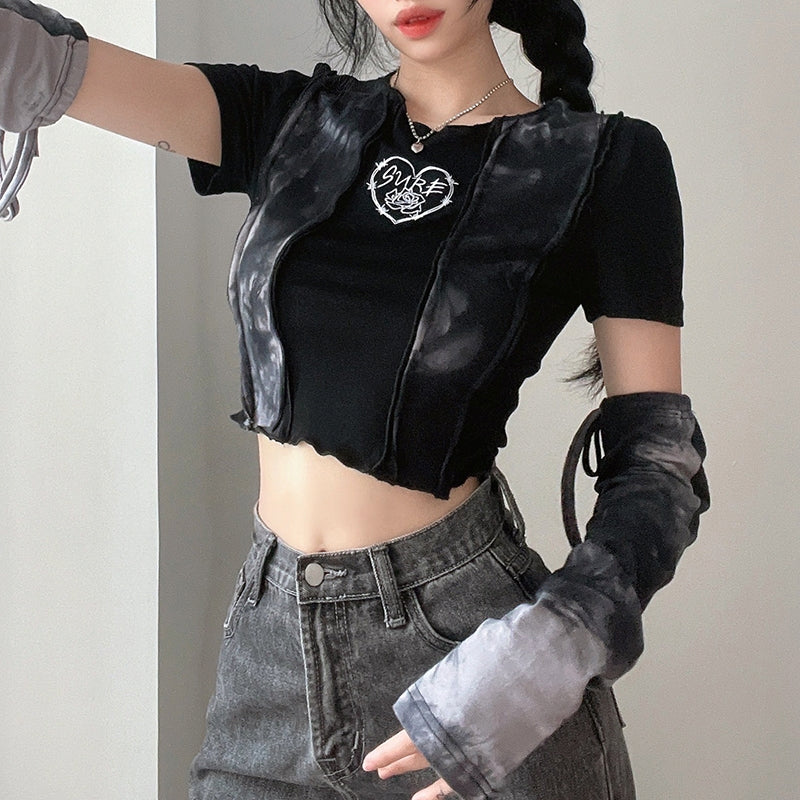 Stitching Embroidery Cool Tie Dye Short Sleeve Black Shirt Top Long Arm Gloves