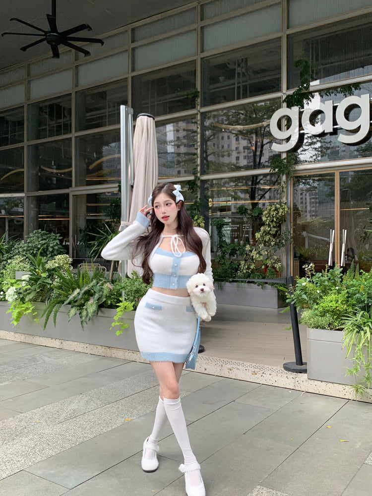 Knit Embroidery Fashion Chic Girl Korean Pastel Baby White Blue Camisole Top Long Sleeve Cardigan Skirt Three Piece Set