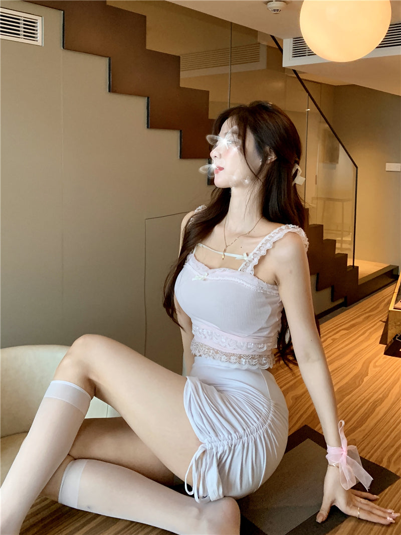 Sexy & Sweet Summer Style Women Pink White Form Fitting Lace Tank Tops Camisole