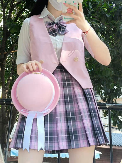 Spring Pink & Blue Fresh Japanese College Girl Style White Ribbon Bowler Hat