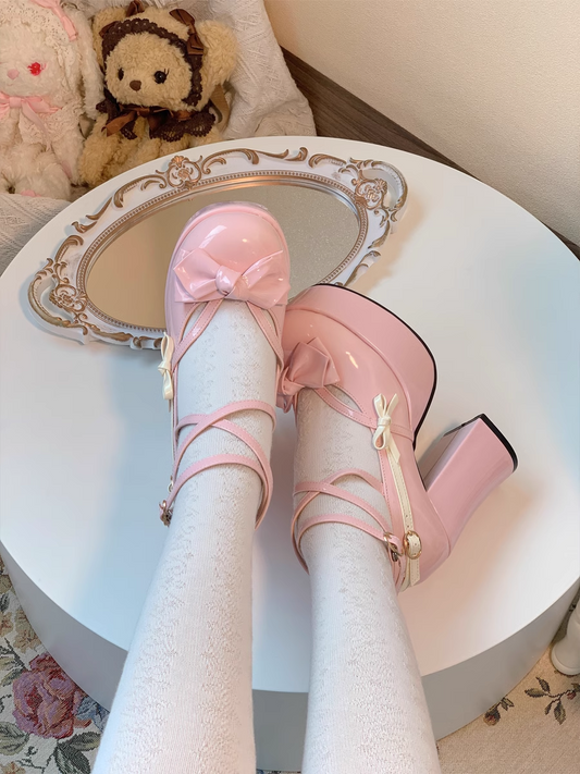 Japanese Sweet Girl Side Bow Classic Fashion Women Platform Bow High Heels Shoes