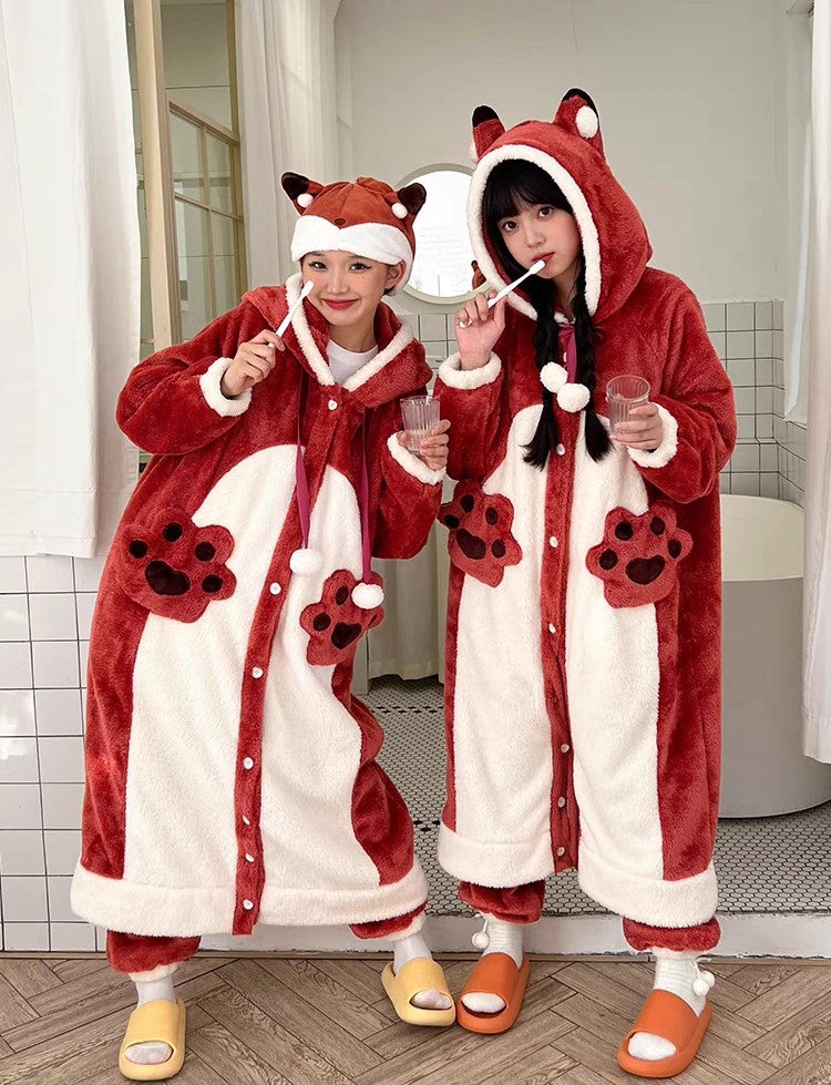 Winter Thick Warm Soft Cute Little Red Fox Ears Hoodies Nightgown Long Coat Pants Pajamas Two Piece Set