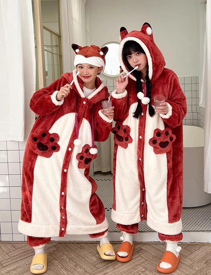 Winter Thick Warm Soft Cute Little Red Fox Ears Hoodies Nightgown Long Coat Pants Pajamas Two Piece Set