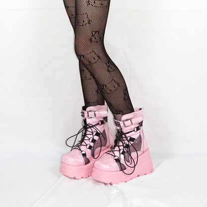 Sexy Cool Chic Women Black Pink Lace Wedge Plantform Boots