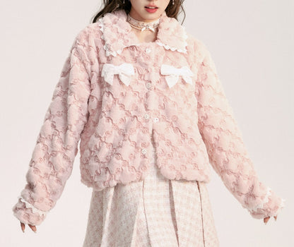 Sweet Pink Ribbon Bow Knot Fluff Fur Plush Coat Jacket