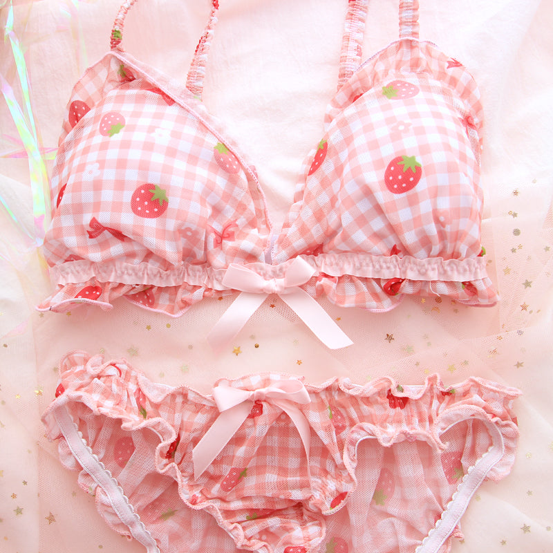 Strawberry Plaid Pattern Lace Bow Girl Sweet Japanese Student Bra Set Pink Panties Underwear Lingerie