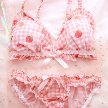 Strawberry Plaid Pattern Lace Bow Girl Sweet Japanese Student Bra Set Pink Panties Underwear Lingerie