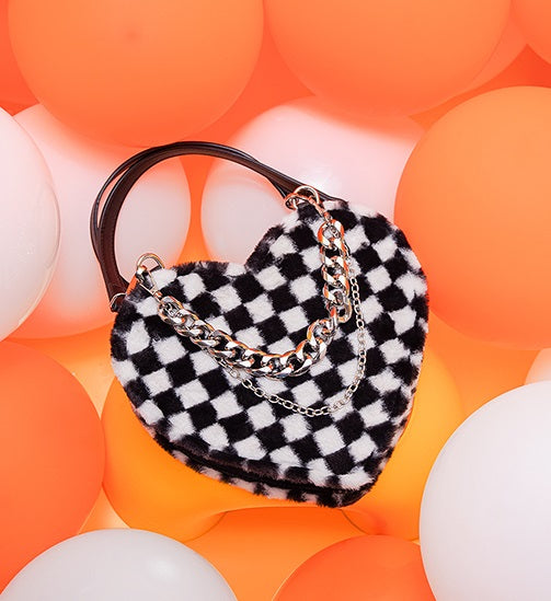 Autumn Checkerboard Print Heart Love Shaped French European Hot Sexy Classic Vintage Women Black Strap Shoulder Bag