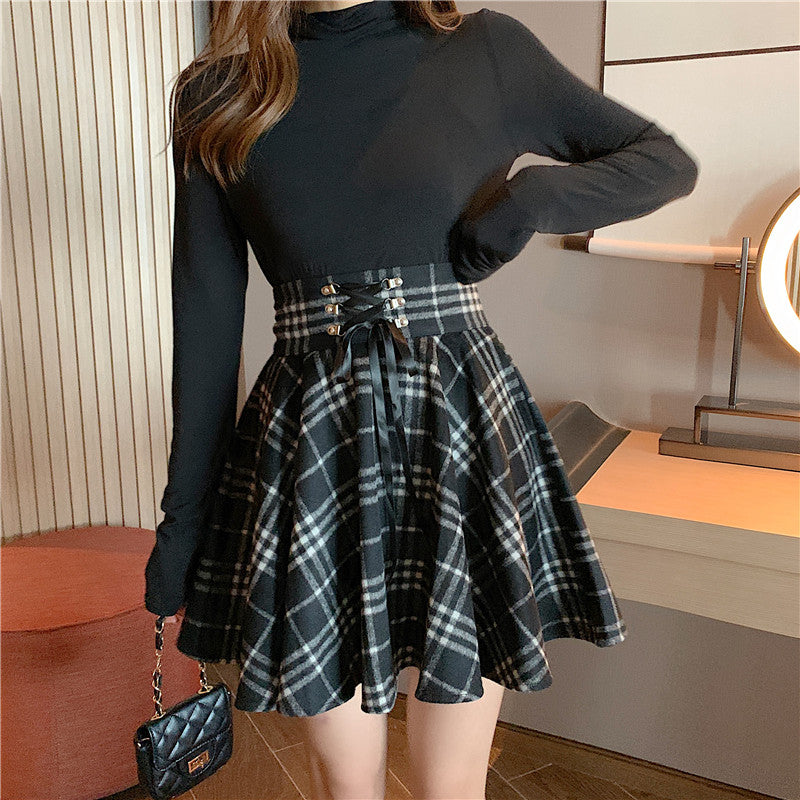 Plus Size Women Japanese Cute Girl Fashion Gray & Red High Waist Strap Black Tartan Pattern Umbrella Skirt