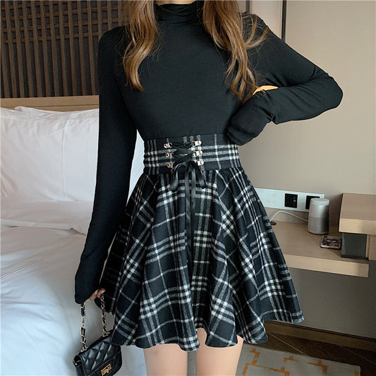 Plus Size Women Japanese Cute Girl Fashion Gray & Red High Waist Strap Black Tartan Pattern Umbrella Skirt