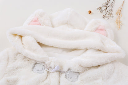 Japanese Cute Autumn Winter Soft Plush Velvet Girl Neko Ear Pink Cat Paw White Loose Coat