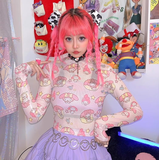 My Melody See Through Harajuku Anime Hot Pink Sexy Y2K Thin Summer Shirt Top