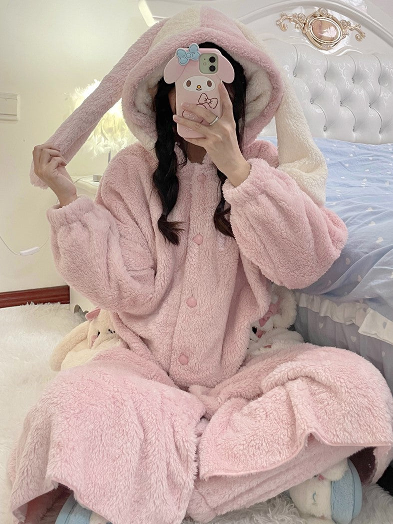 Soft Thick Kawaii Robe and Pants, Sherpa Hooded Cosy Fleece Pyjamas,Fluffy Oversized Bunny orders Ears Hooded Robe, Fleece Lougewear,Christmas Gift