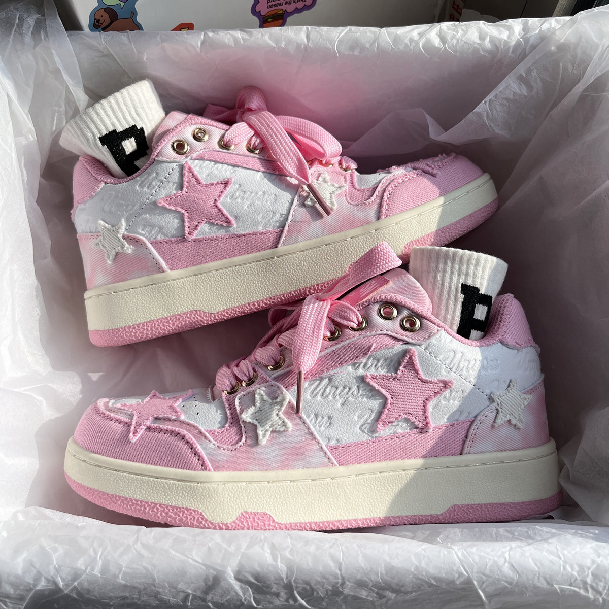 Women Sweet Cute White Pink Peach Star Sneakers Sports Running Shoes