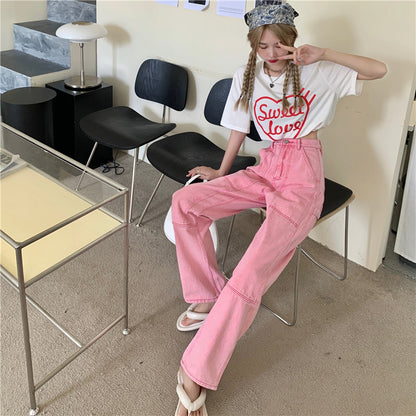 Summer Cute Chic Girl Student High Waist Hot Pastel Line Pink Long Trouser Pant Jeans