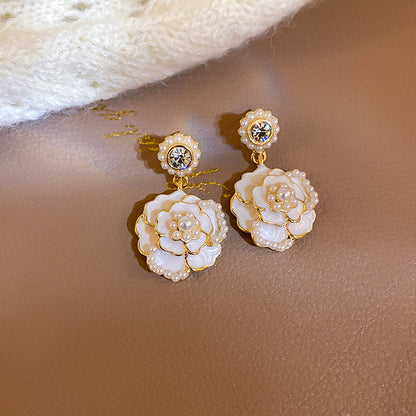 White Black Rose Camellia Flower Pearl Gem Diamond Classic Fairy Tales Princess Jewelry Earrings