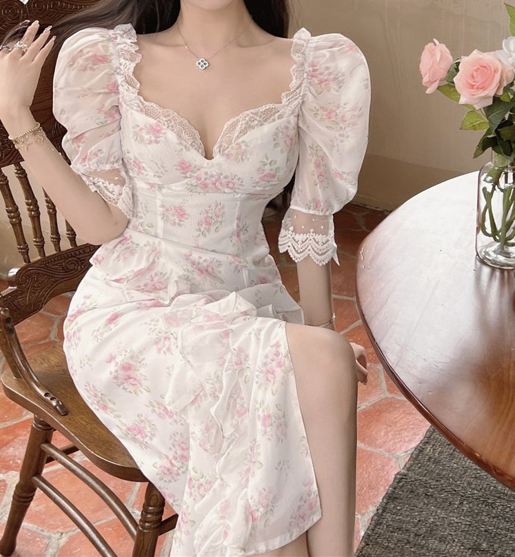 Classic Women French European Retro Summer Spring Nature Flower Floral Girl Sweet Pattern Lace White Long Dress