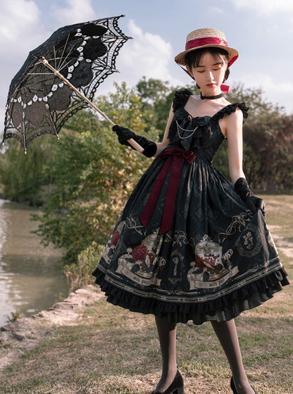Nightingale and Rose Birdcage Black Red Gothic Goth Girl Strap Dress