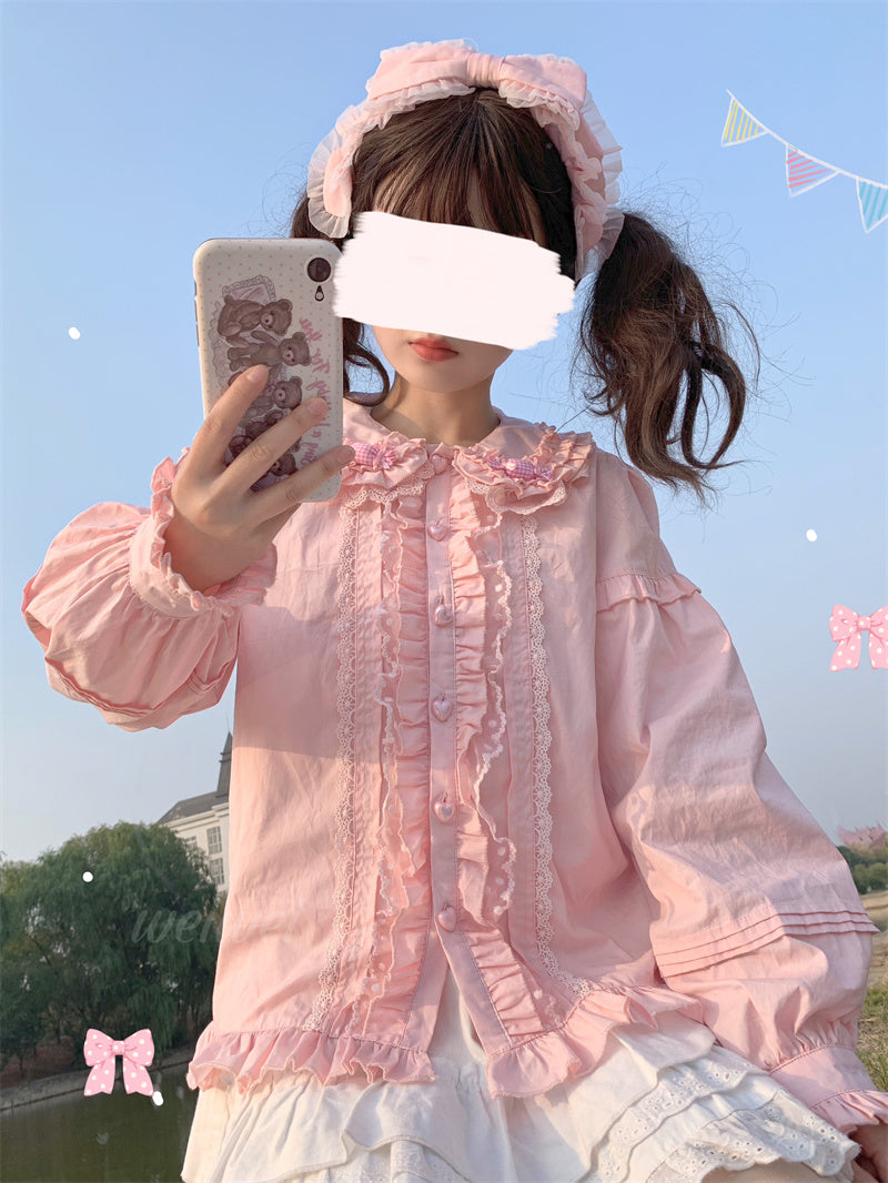 Japanese Girl Cute Doll Collar Elegant Lace Pink & White Long Sleeve T Shirt Blouse Top