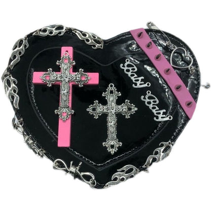 Y2K Gothic Punk Goth Girl Sexy Black Hot Pink Heart Shaped Cross Chains Decorated Messenger Bag